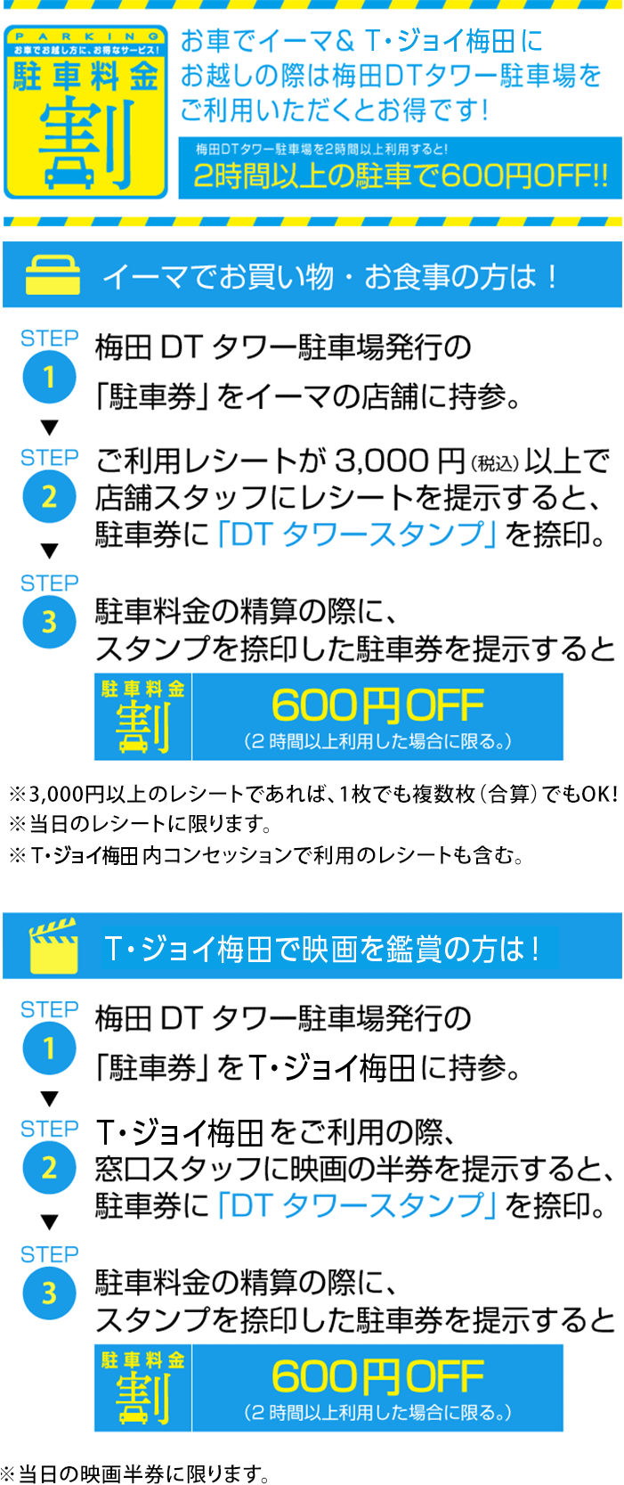 お車でイーマ＆T・ジョイ梅田にお越しの際は梅田DTタワー駐車場をご利用いただくとお得です！